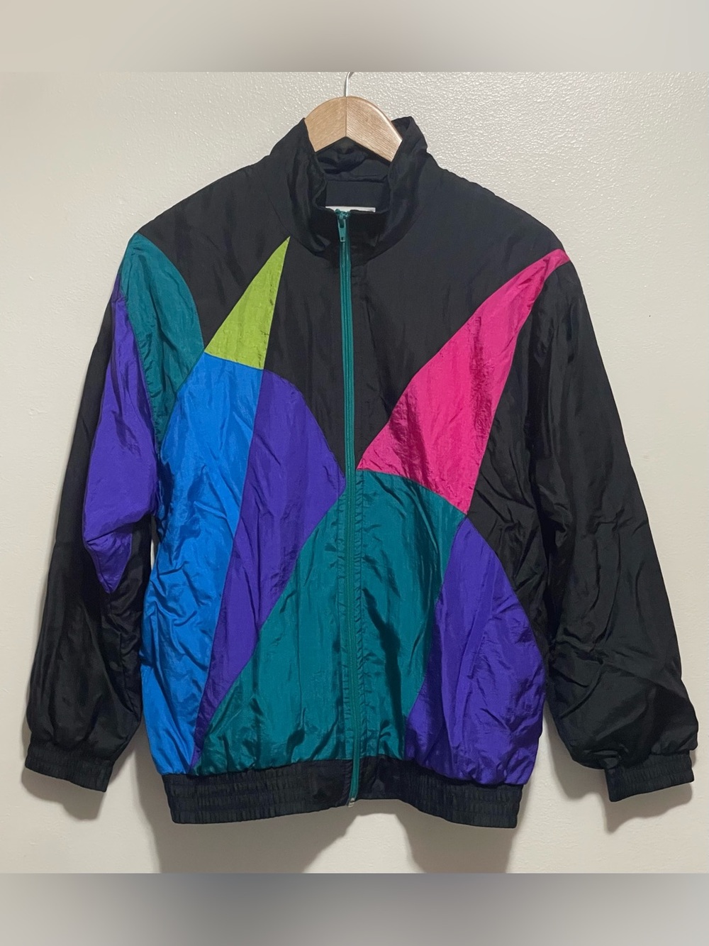 Vintage Colorblock Windbreaker Jacket - Black with Teal, Purple & Pink Accents